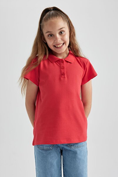 DeFacto Girl's Red Polo School T-Shirt - Cotton, Short Sleeve