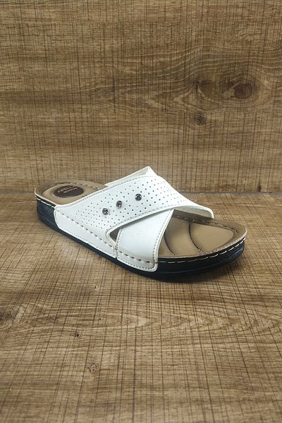 Apella Orthopedic Sole Cross Stoned White Women's Slippers for Home and Outdoor Trl0002