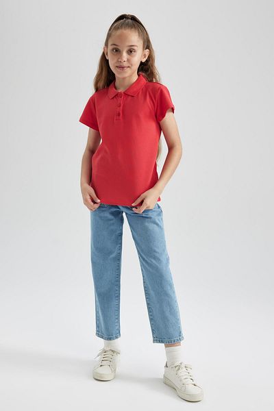 DeFacto Rotes Polo-Schul-T-Shirt für Mädchen – Baumwolle, kurze Ärmel