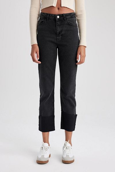 DeFacto Mary Vintage Straght Fit High Waist Folded Leg Long Length Jean Trousers A7007ax23au
