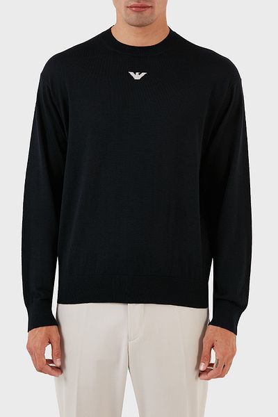 Emporio Armani Мъжки пуловер с кръгло деколте и лого, стандартна кройка, 100% вълна, 6R1MXG 1MNGZ F904