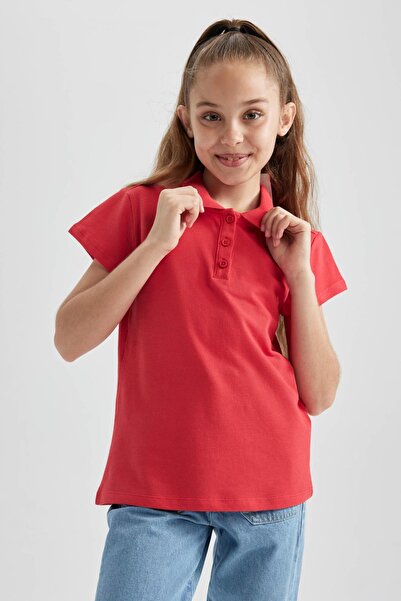 DeFacto Girl's Red Polo School T-Shirt - Cotton, Short Sleeve