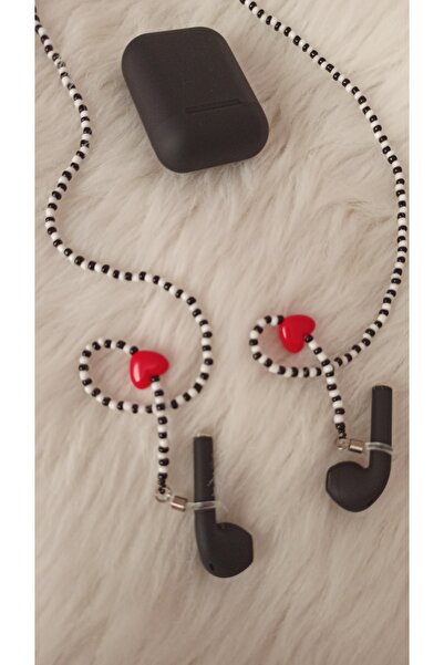 HAPPY HANDMADE Yeni Nesil Hediyelik Kalpli Airpods Zinciri Siyah Beyaz Hediye...