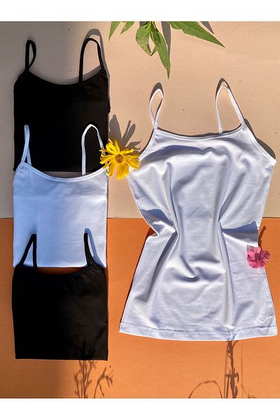 VicTroy Oval Collar 4-Piece String Strap Cotton Undershirt (BLACK AND WHITE)