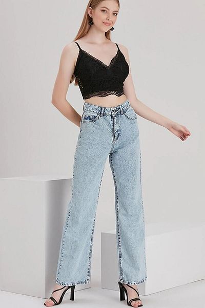 Livik Lavender Snow Wash Super High Waist Wide Leg Jeans Lycra Φαρδύ τζιν παντελόνι