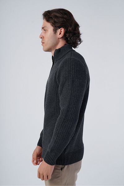 Trist Star Anthracite Men's Zigzag Embroidered Stand Collar Short Zippered Knitwear Wool Sweater