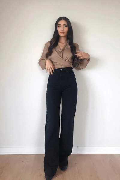 Livik Lavin Black Super High Waist Wide Leg Jeans Lycra Wide Leg Jeans
