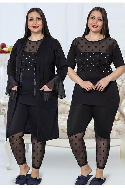 JENİKA Women's Large Size 3-Piece Pajamas Set with Dressing Gowns