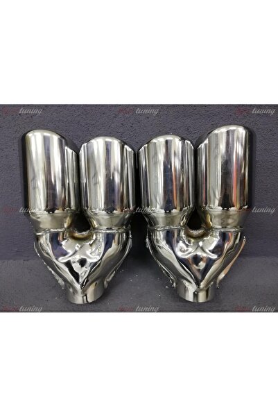 HYM TUNİNG Yuvarlak Eğik Ağız 90mm Çift Çıkış Egzoz Ucu, Sağ Sol Takım