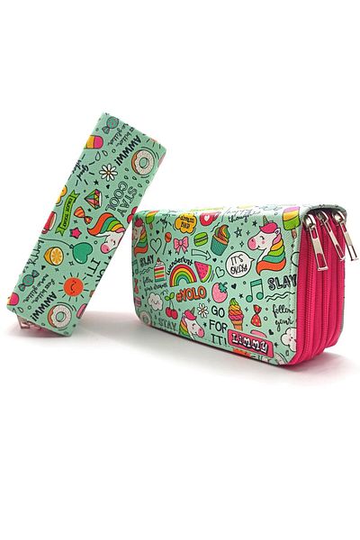 Limmy Μολυβοθήκη Rainbow Unicorn Kawai Organizer Θήκη μολυβιών Vegan Δερμάτινη θήκη για στυλό τριών διαμερισμάτων -ροζ