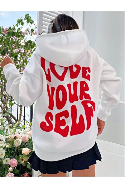 Baycombine35 Γυναικείο φούτερ με κουκούλα σε λευκό Love Yourself με στάμπα