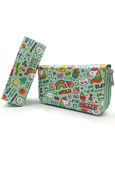 Limmy Μολυβοθήκη Unicorn Rainbow Green Kawai Organizer Θήκη μολυβιών Vegan Δερμάτινη θήκη για στυλό τριών διαμερισμάτων