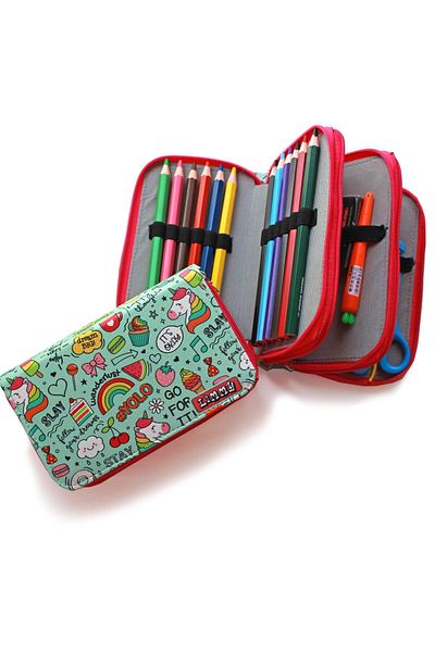 Limmy Μολυβοθήκη Rainbow Unicorn Kawai Organizer Θήκη μολυβιών Vegan Δερμάτινη θήκη για στυλό τριών διαμερισμάτων -ροζ