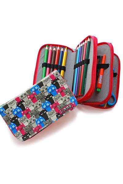 Limmy Cute Cats Kawai Organizer Θήκη μολυβιού Vegan Δερμάτινη θήκη τριών διαμερισμάτων - Ροζ