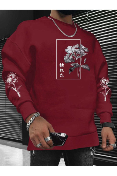 Adrift Hanorac din bumbac oversize cu guler rotund, cu imprimeu floral, roșu