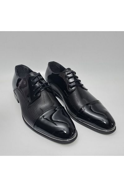 Tamboğa shoes Pantofi din piele neagră din piele lăcuită Jurdan cu imprimeu cu oase de pește Tamboğa N573-1