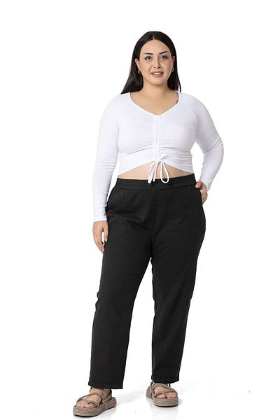DISENTIS MODEST Plus Size Front Tunnel Gathered Long Sleeve Viscose White Blouse