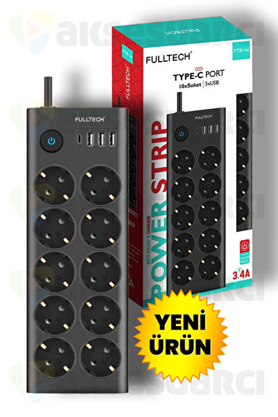 Aksesuarcı Type-C Port Girişli Akım Korumalı 10'lu Priz, 3 USB, 1 Type-C Giriş, Isıya Dayanıklı, FTR-14