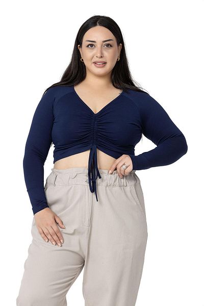 DISENTIS MODEST Plus Size Front Tunnel Gathered Long Sleeve Viscose Navy Blue Blouse