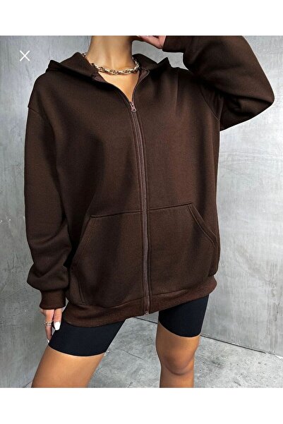 AFROGİYİM Oversize Women's Cardigan - Plain Cut and Zipper Detail