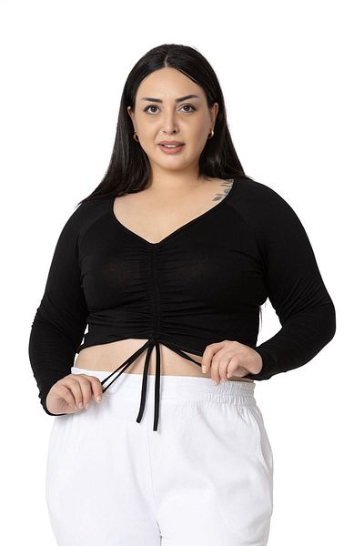 DISENTIS MODEST Plus Size Front Tunnel Gathered Long Sleeve Viscose Black Blouse