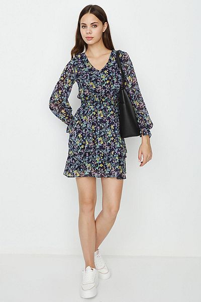 Select Moda Rochie de damă, albastru bleumarin, cu decolteu în V, cu volane și detaliu Gipe