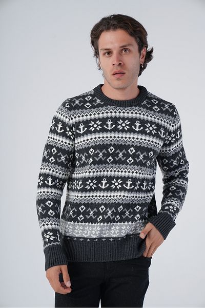 Trist Star Anthracite Men's Jacquard Anchor Pattern Crew Neck Knitwear Wool Sweater