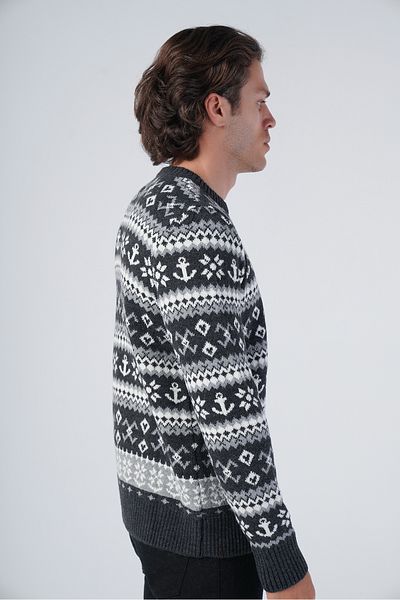 Trist Star Anthracite Men's Jacquard Anchor Pattern Crew Neck Knitwear Wool Sweater