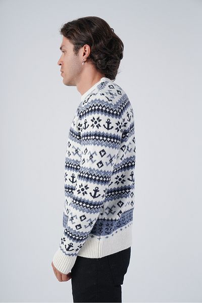 Trist Star Bone Men's Jacquard Anchor Pattern Crew Neck Knitwear Wool Sweater