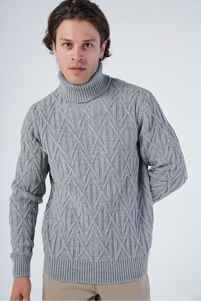 Trist Star Gray Men's Execution Hair Braided Cross Patterned Turtleneck Knitwear Wool Sweater