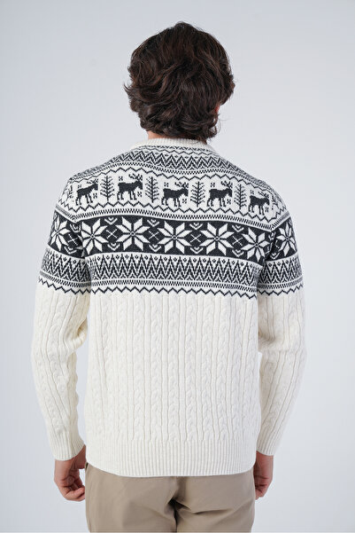 Trist Star Kemik Erkek Saç Örgülü Jakarlı Geyik Desenli Bisiklet Yaka Triko Yün Kazak