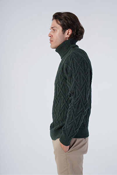 Trist Star Khaki Men's Execution Hair Braided Cross Patterned Turtleneck Knitwear Wool Sweater