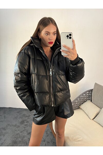 Fame Palton puf din piele cu glugă pentru femei, negru