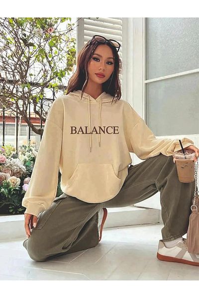 AMMA Φούτερ Unisex Beige Balance με στάμπα με κουκούλα oversize
