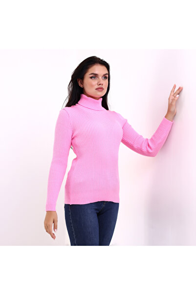 KYLE XM Kadın Şeker Pembe Badi Triko Boğazlı Fitilli Ince Kazak