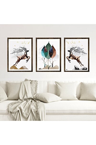 Dekorsiahome Set de pictură cu 3 piese cu ramă din lemn, cerb colorat