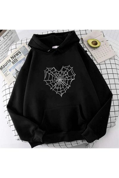 Touz Μπλούζα Heart Web Printed Μαύρο Unisex Oversize Φούτερ με κουκούλα