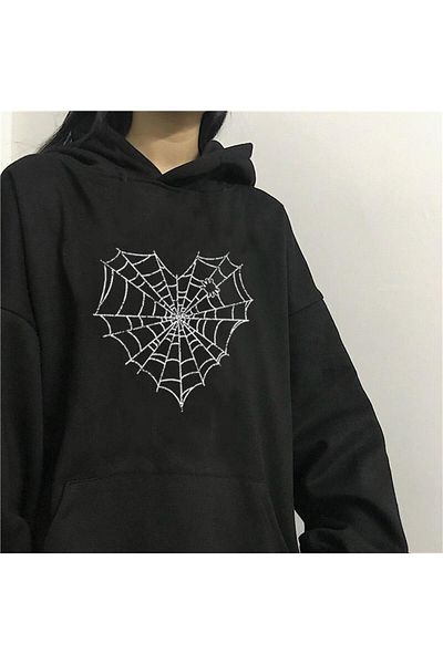 Touz Μπλούζα Heart Web Printed Μαύρο Unisex Oversize Φούτερ με κουκούλα