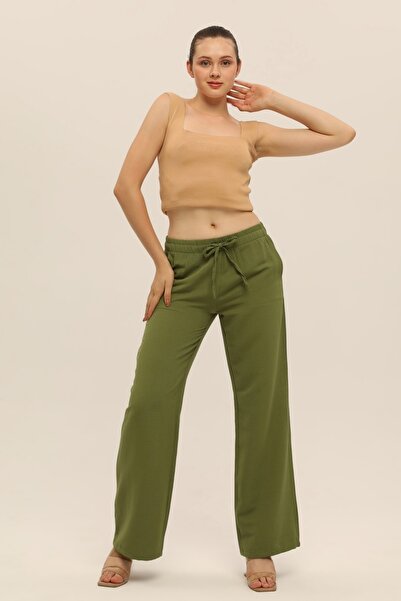 diaves Χακί Πράσινο Λινό Μικτό Φαρδύ Παντελόνι