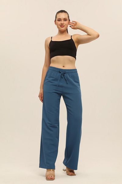 diaves Blue Linen Blended Loose Cut Trousers
