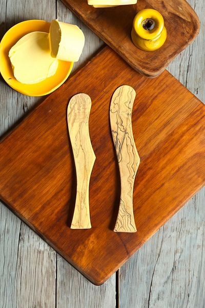 MaisonArt Olive Wood Butter Knife Set | 2 Handmade Wooden Butter Spreaders