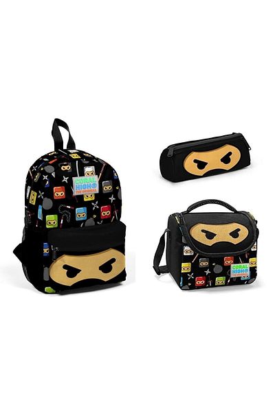 Yaygan Coral High Kids - 3-Piece Black Ninja Patterned Kindergarten Bag Set