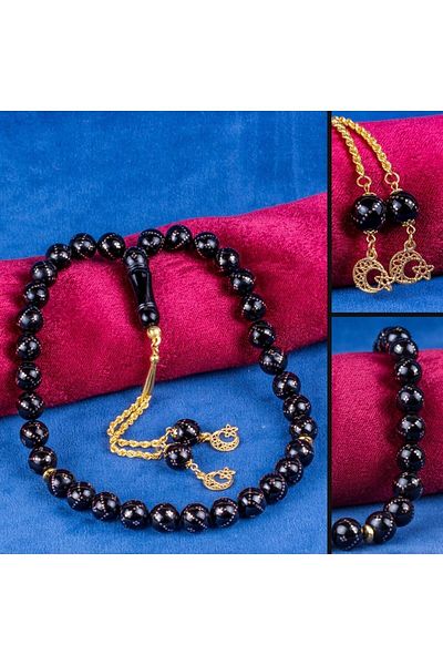 TESBİHCİBABA 14 Carat Crescent Star Gold Embroidered Erzurum Oltu Rosary
