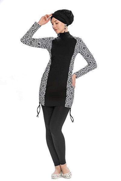 Starinci Mayo Starinci Ολόσωμο Μαγιό Μαύρο Πλαϊνές Λεπτομέρειες Τετράγωνο Σχέδιο