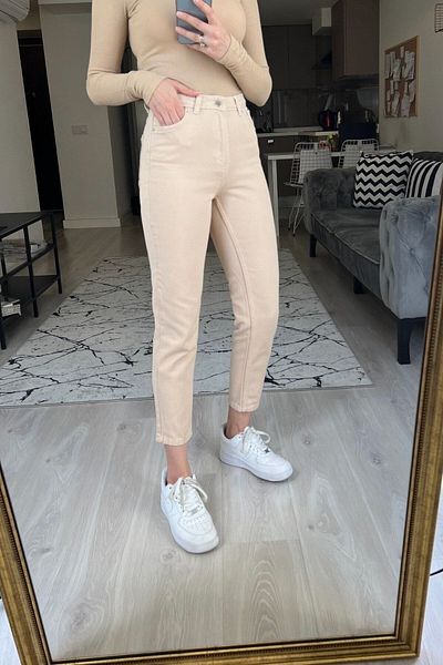 MAKRAS EXCLUSIVE Pantaloni flexibili din blugi cu talie înaltă Lycra bej Mom Jeans
