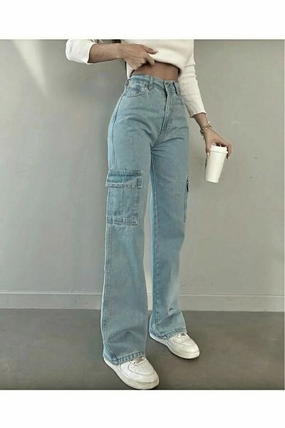 Trn JNS Pantaloni de jeans cu talie super înaltă, albastru bebeluș, fără buzunare la spate