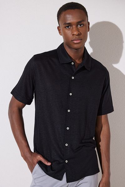 BROOKS BROTHERS Мъжка черна ленена риза с къс ръкав