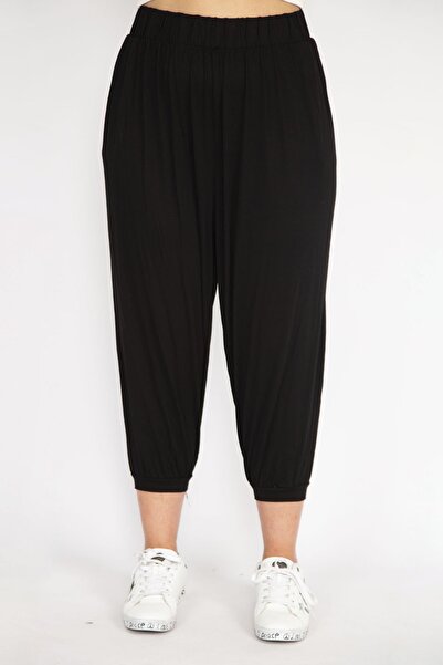 Şans Women's Large Size Black Ribbed Comfortable Cut Side Pocket Sweatpants Bottom 65n36770