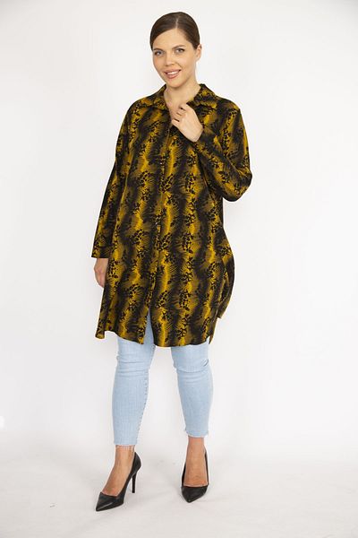 Şans Women's Large Size Mustard Front Button Long Sleeve Shirt 65n36721