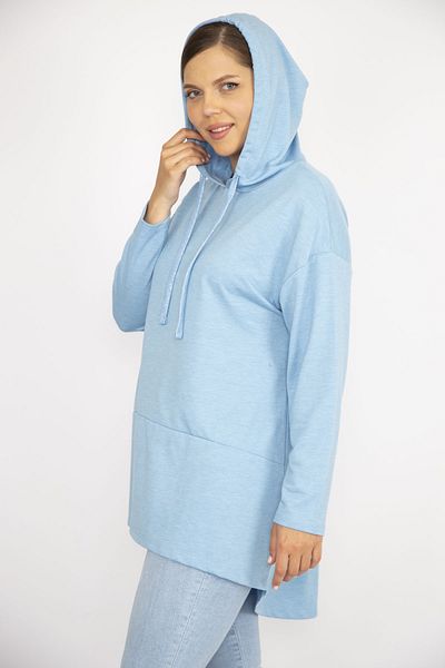 Şans Dámská mikina Plus Size Baby Blue s kapucí s dlouhým zadním dílem 65n36725